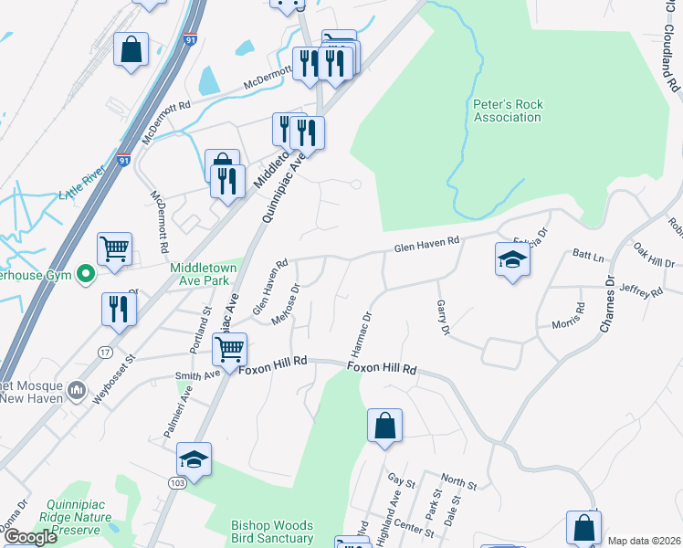 map of restaurants, bars, coffee shops, grocery stores, and more near 44 Oak Ridge Drive in New Haven