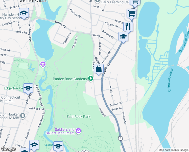 map of restaurants, bars, coffee shops, grocery stores, and more near 205 Park Road in Hamden