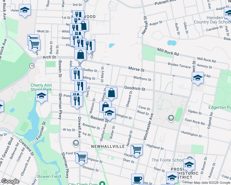 map of restaurants, bars, coffee shops, grocery stores, and more near 146 Butler Street in New Haven