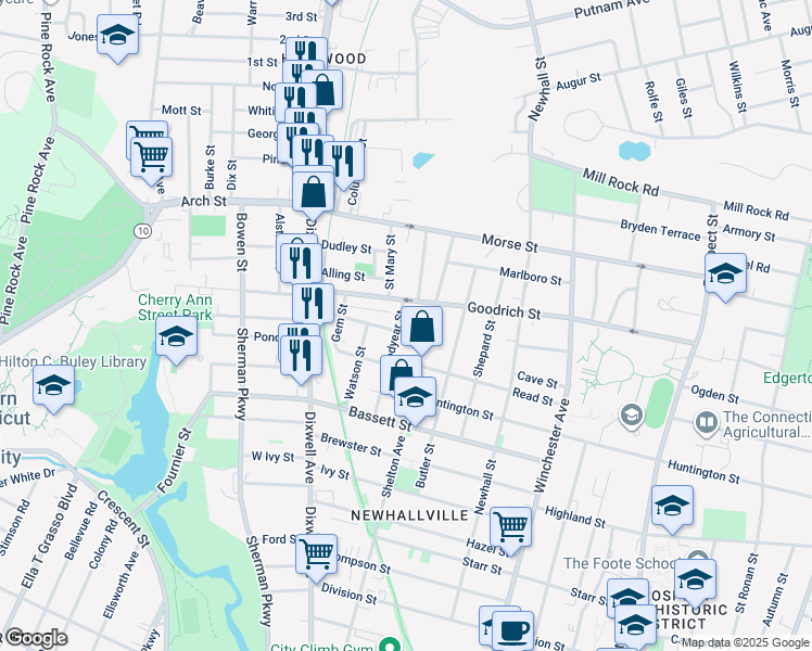 map of restaurants, bars, coffee shops, grocery stores, and more near 89 Goodyear Street in New Haven