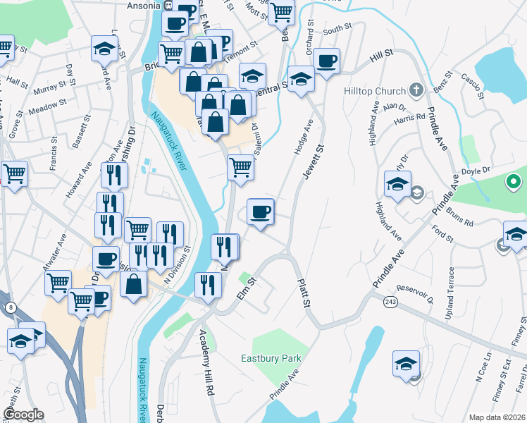 map of restaurants, bars, coffee shops, grocery stores, and more near 52 Platt Street in Ansonia
