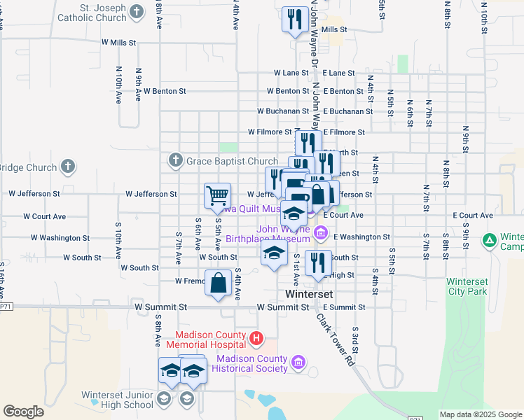 map of restaurants, bars, coffee shops, grocery stores, and more near 128 South 3rd Avenue in Winterset