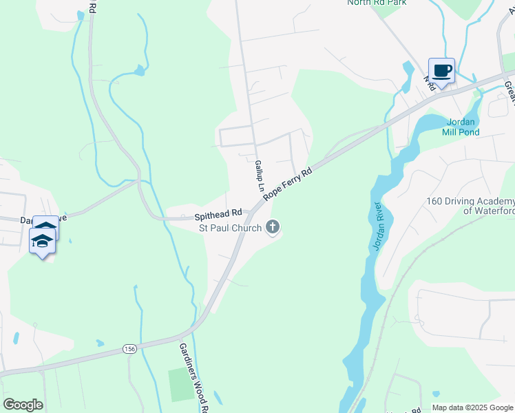 map of restaurants, bars, coffee shops, grocery stores, and more near Rope Ferry Road in Waterford