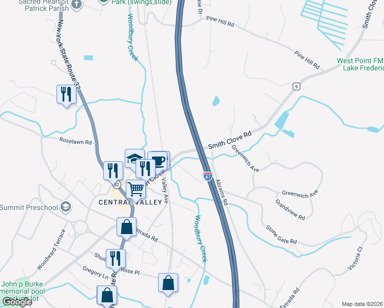 map of restaurants, bars, coffee shops, grocery stores, and more near 70 Smith Clove Road in Woodbury