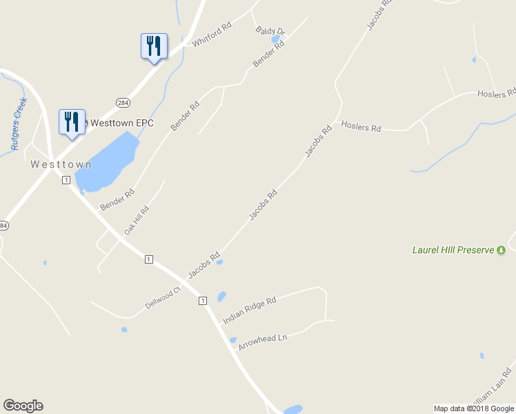 map of restaurants, bars, coffee shops, grocery stores, and more near 67 Jacobs Road in Westtown