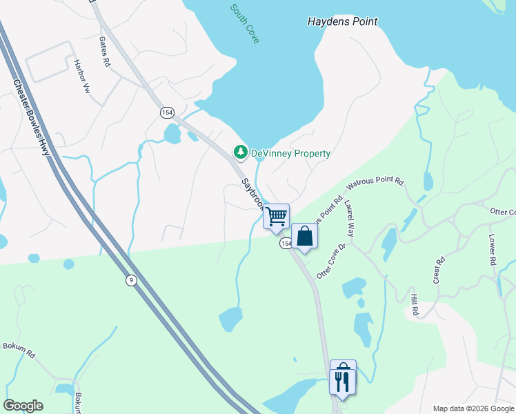 map of restaurants, bars, coffee shops, grocery stores, and more near 182 Saybrook Road in Essex