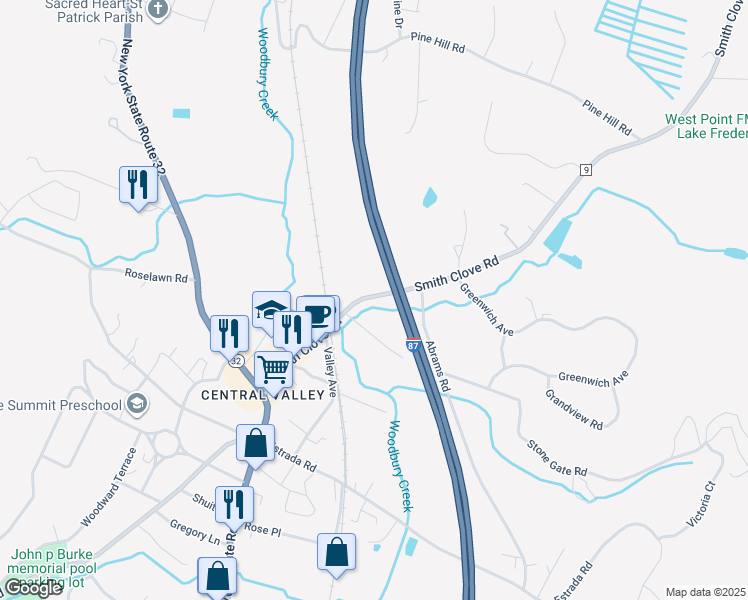 map of restaurants, bars, coffee shops, grocery stores, and more near 70 Smith Clove Road in Woodbury