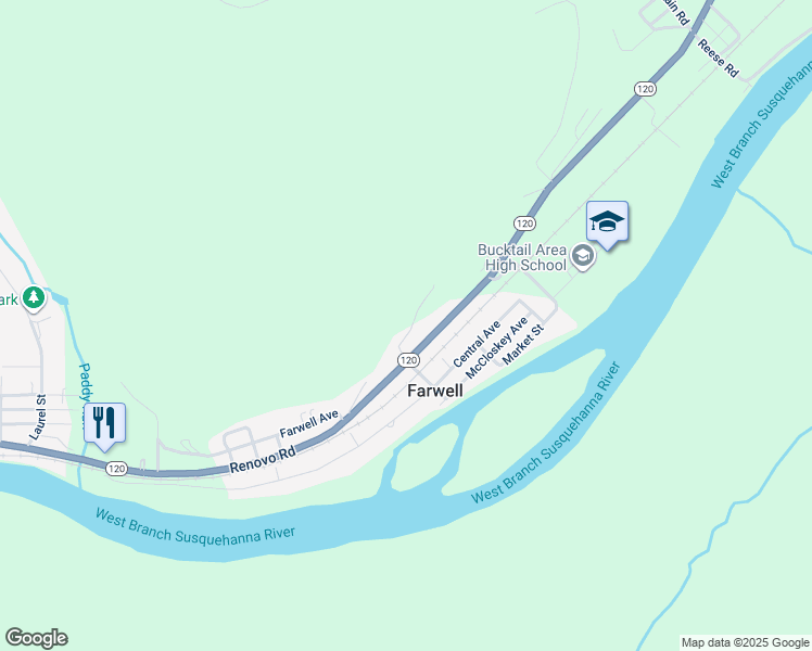 map of restaurants, bars, coffee shops, grocery stores, and more near 625 Tolomay Street in Renovo