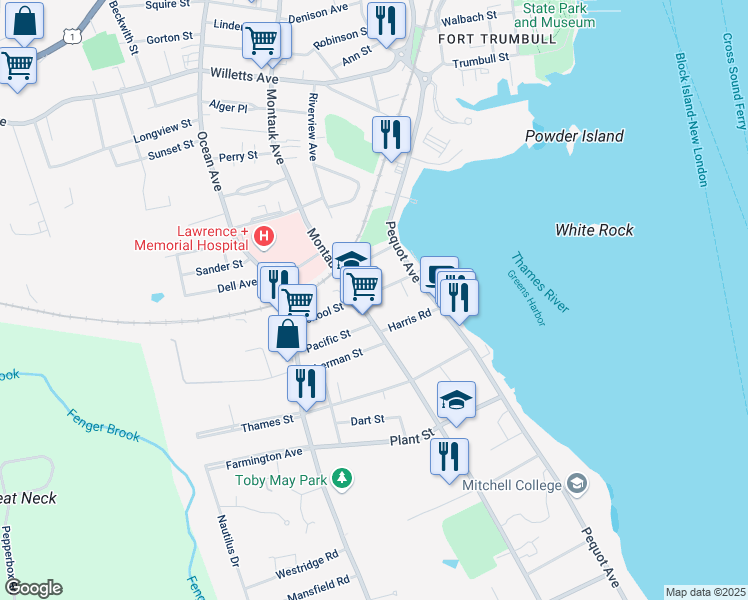 map of restaurants, bars, coffee shops, grocery stores, and more near 17 School Street in New London