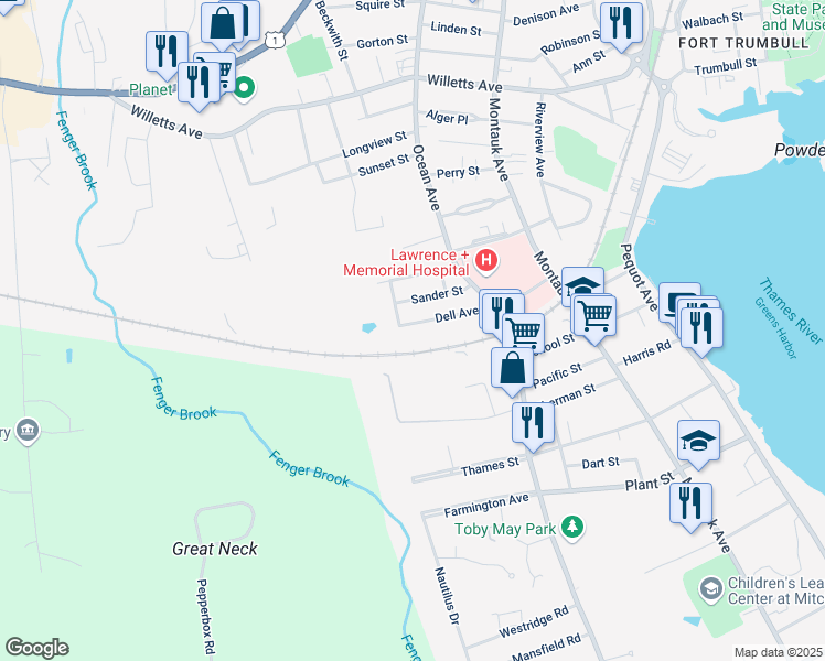 map of restaurants, bars, coffee shops, grocery stores, and more near 46 Sander Street in New London