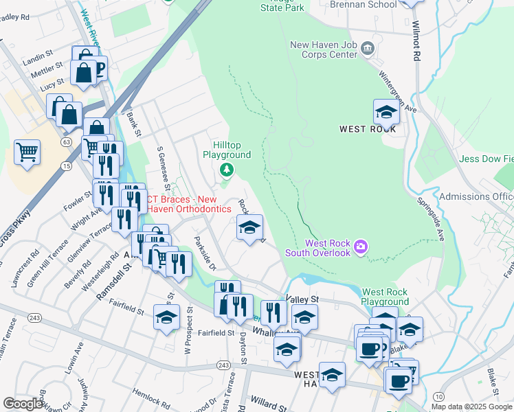 map of restaurants, bars, coffee shops, grocery stores, and more near 97 Rock Creek Road in New Haven