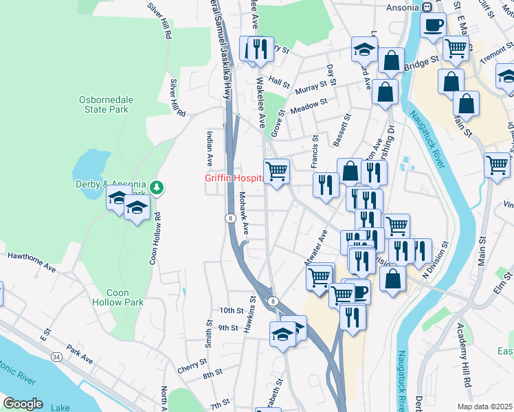 map of restaurants, bars, coffee shops, grocery stores, and more near 264 Seymour Avenue in Derby