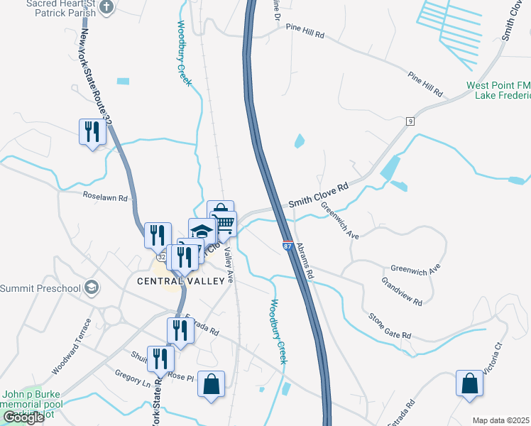 map of restaurants, bars, coffee shops, grocery stores, and more near 70 Smith Clove Road in Woodbury