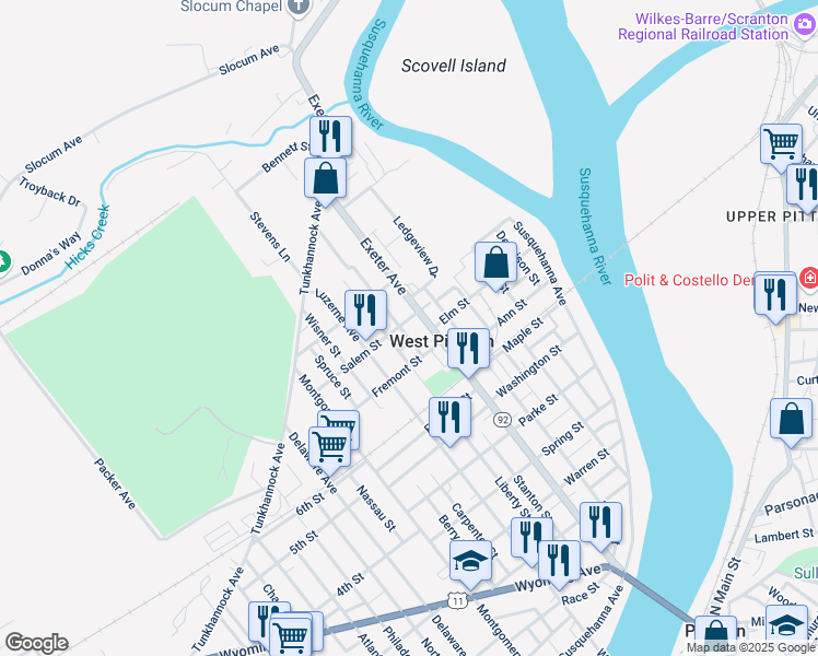 map of restaurants, bars, coffee shops, grocery stores, and more near 710-712 Exeter Ave in Luzerne