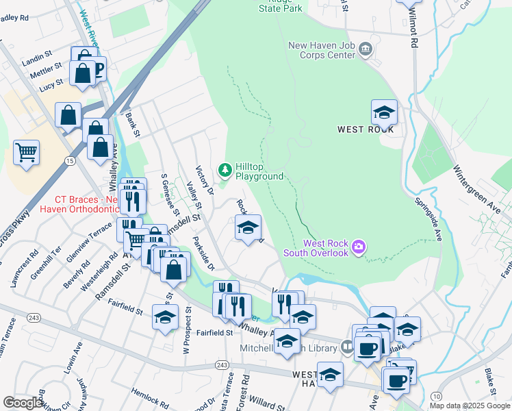 map of restaurants, bars, coffee shops, grocery stores, and more near 97 Rock Creek Road in New Haven