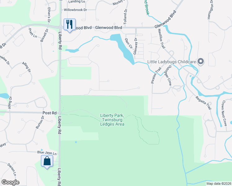 map of restaurants, bars, coffee shops, grocery stores, and more near 3575 Shady Timber Drive in Twinsburg