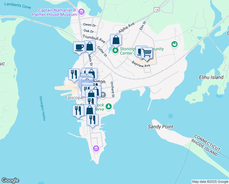 map of restaurants, bars, coffee shops, grocery stores, and more near 1 Miller Street in Stonington