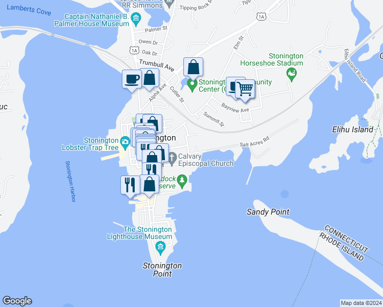map of restaurants, bars, coffee shops, grocery stores, and more near 1 Miller Street in Stonington