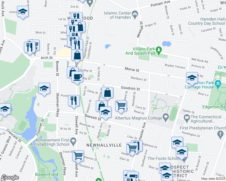 map of restaurants, bars, coffee shops, grocery stores, and more near 453 Shelton Avenue in Hamden