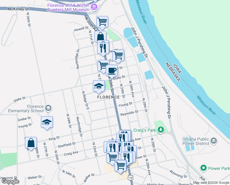 map of restaurants, bars, coffee shops, grocery stores, and more near 2916 Mormon Street in Omaha
