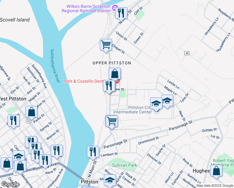 map of restaurants, bars, coffee shops, grocery stores, and more near 8 Benedict Street in Pittston