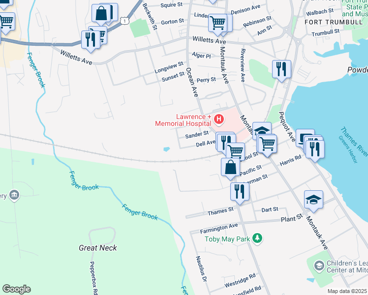 map of restaurants, bars, coffee shops, grocery stores, and more near 46 Sander Street in New London