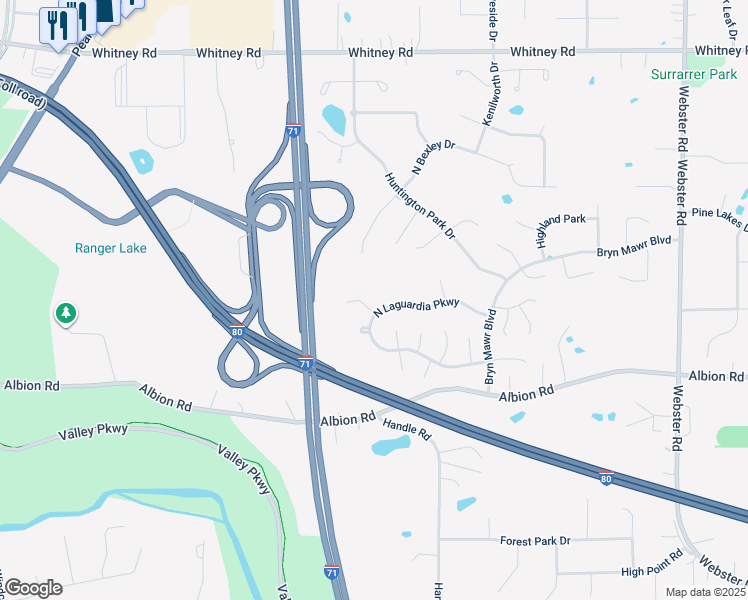 map of restaurants, bars, coffee shops, grocery stores, and more near 10267 Council Bluff in Strongsville