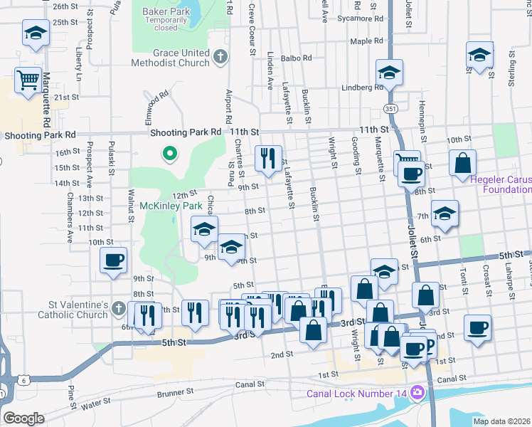map of restaurants, bars, coffee shops, grocery stores, and more near 121 8th Street in LaSalle