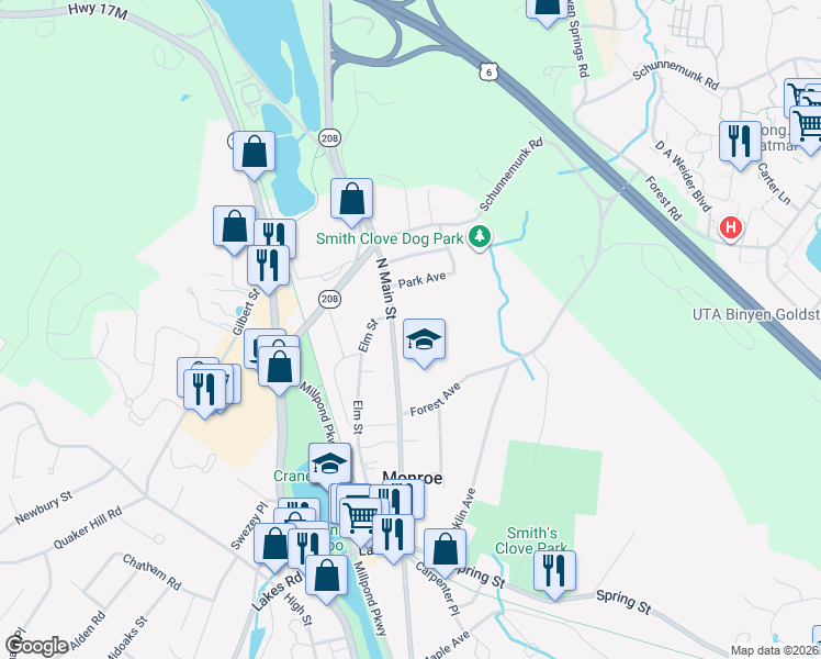 map of restaurants, bars, coffee shops, grocery stores, and more near 282 North Main Street in Monroe