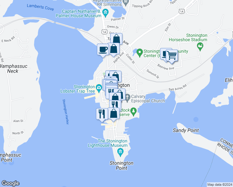 map of restaurants, bars, coffee shops, grocery stores, and more near 66 Main Street in Stonington