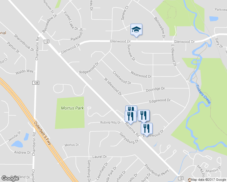 map of restaurants, bars, coffee shops, grocery stores, and more near 1764 West Idlewood Drive in Twinsburg