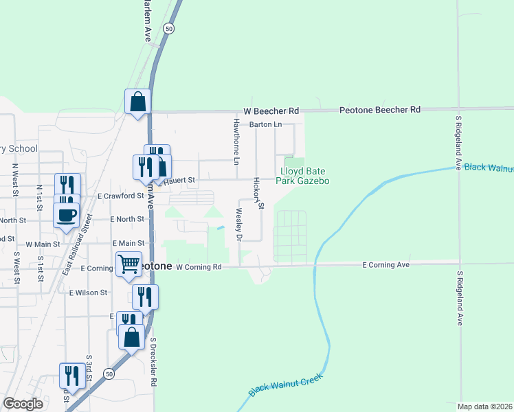 map of restaurants, bars, coffee shops, grocery stores, and more near 223 Hickory Street in Peotone