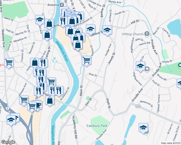 map of restaurants, bars, coffee shops, grocery stores, and more near 555 Main Street in Ansonia
