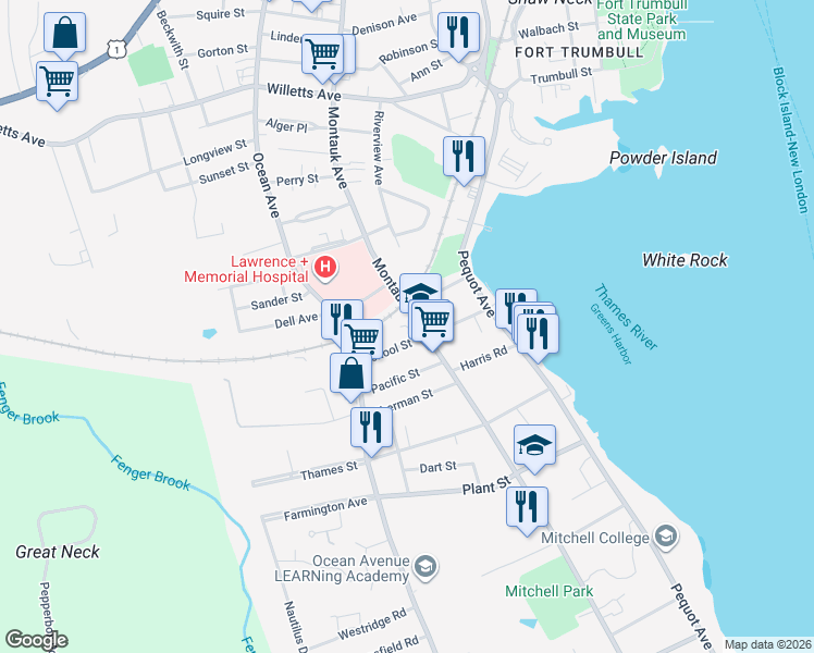 map of restaurants, bars, coffee shops, grocery stores, and more near 432 Montauk Avenue in New London