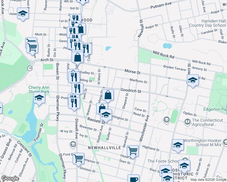 map of restaurants, bars, coffee shops, grocery stores, and more near 443 Shelton Avenue in Hamden