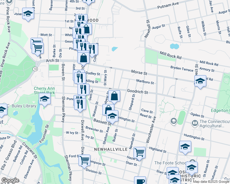 map of restaurants, bars, coffee shops, grocery stores, and more near 453 Shelton Avenue in Hamden