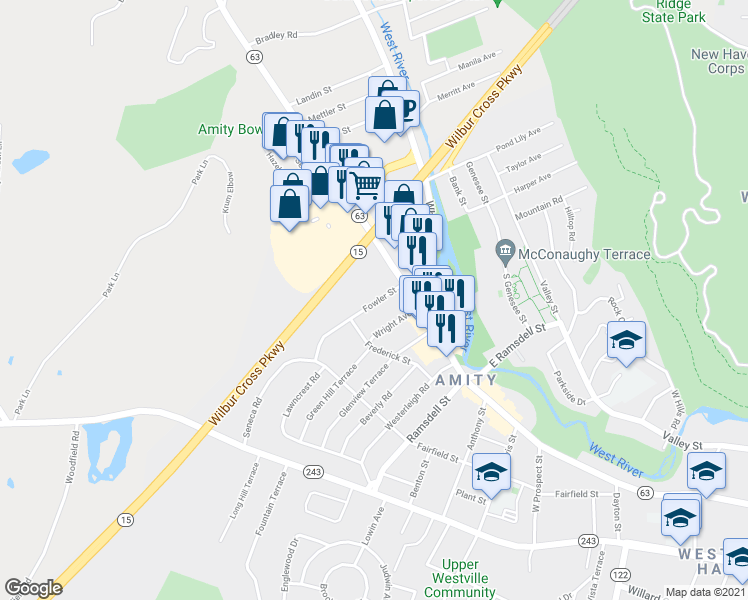 map of restaurants, bars, coffee shops, grocery stores, and more near 102 Fowler Street in New Haven