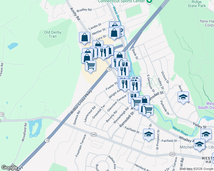 map of restaurants, bars, coffee shops, grocery stores, and more near 102 Fowler Street in New Haven