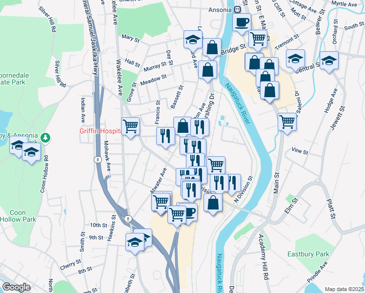 map of restaurants, bars, coffee shops, grocery stores, and more near 52 Clifton Avenue in Ansonia