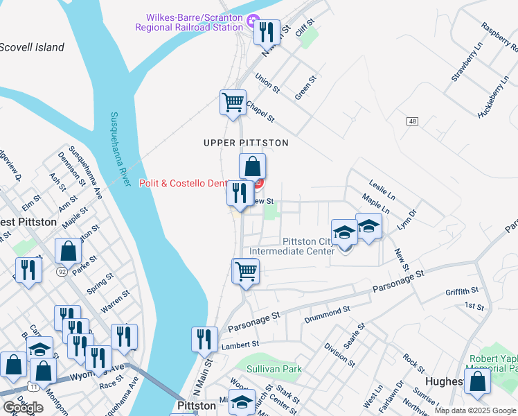 map of restaurants, bars, coffee shops, grocery stores, and more near 8 Benedict Street in Pittston
