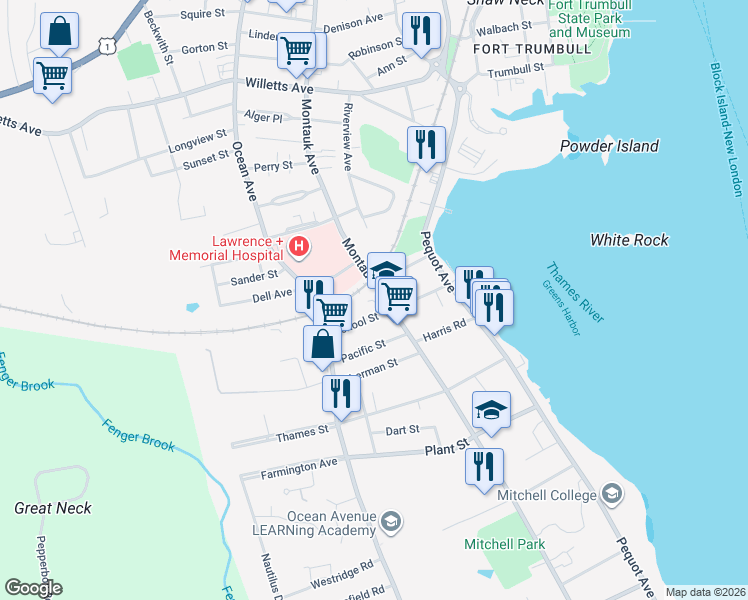 map of restaurants, bars, coffee shops, grocery stores, and more near 432 Montauk Avenue in New London