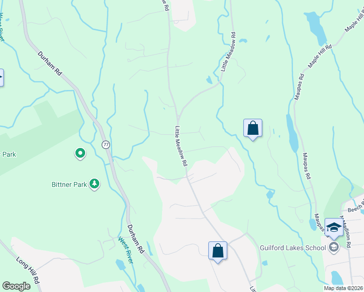 map of restaurants, bars, coffee shops, grocery stores, and more near 1439 Little Meadow Road in Guilford