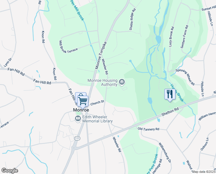 map of restaurants, bars, coffee shops, grocery stores, and more near 358 Wheeler Road in Monroe