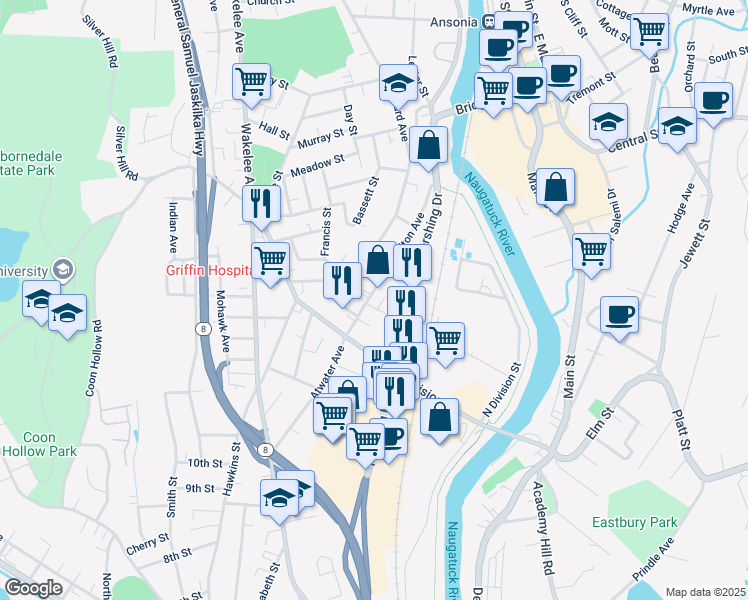 map of restaurants, bars, coffee shops, grocery stores, and more near 52 Clifton Avenue in Ansonia