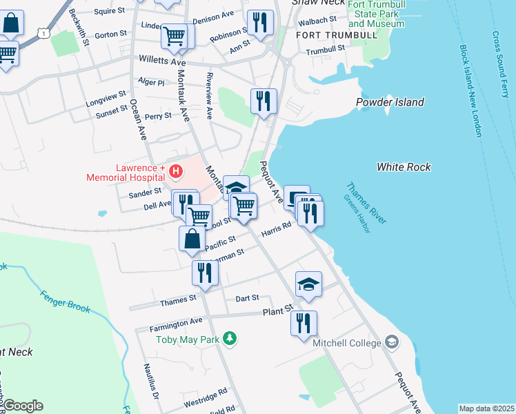 map of restaurants, bars, coffee shops, grocery stores, and more near 17 School Street in New London