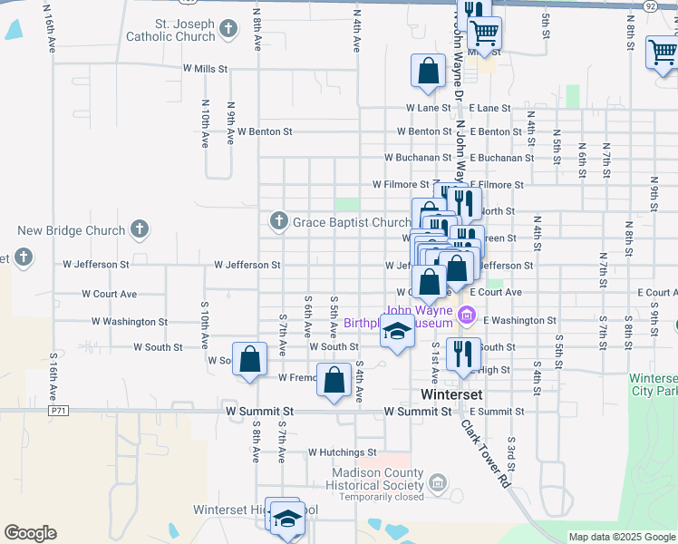 map of restaurants, bars, coffee shops, grocery stores, and more near 422 West Jefferson Street in Winterset