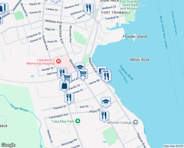map of restaurants, bars, coffee shops, grocery stores, and more near 17 School Street in New London
