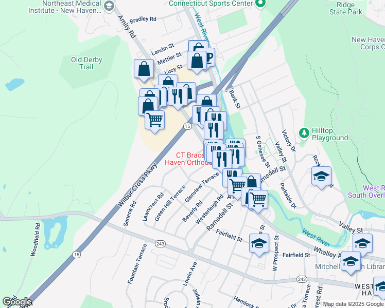 map of restaurants, bars, coffee shops, grocery stores, and more near 64 Amity Road in New Haven