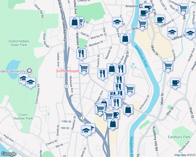 map of restaurants, bars, coffee shops, grocery stores, and more near 9 Page Street in Ansonia