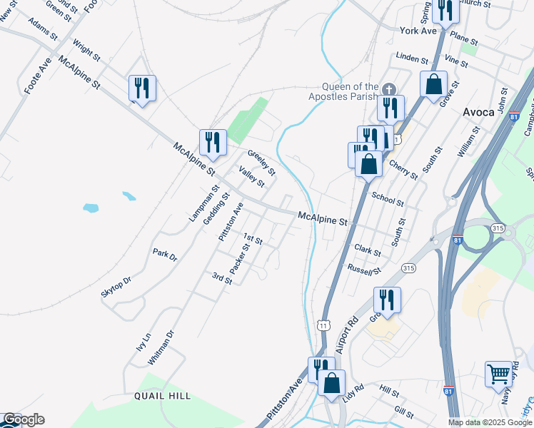 map of restaurants, bars, coffee shops, grocery stores, and more near 711 McAlpine Street in Avoca